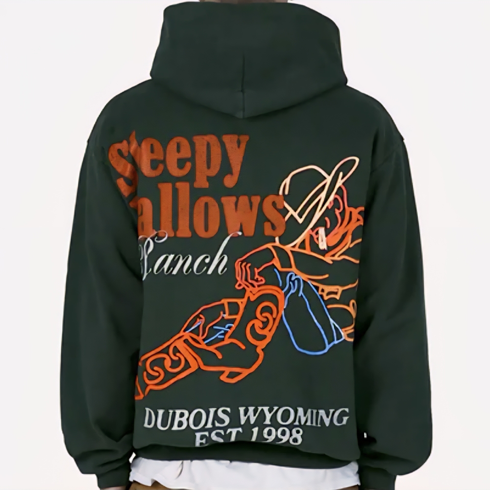 MNML Green Graphic Hoodie with Orange and Blue Accents